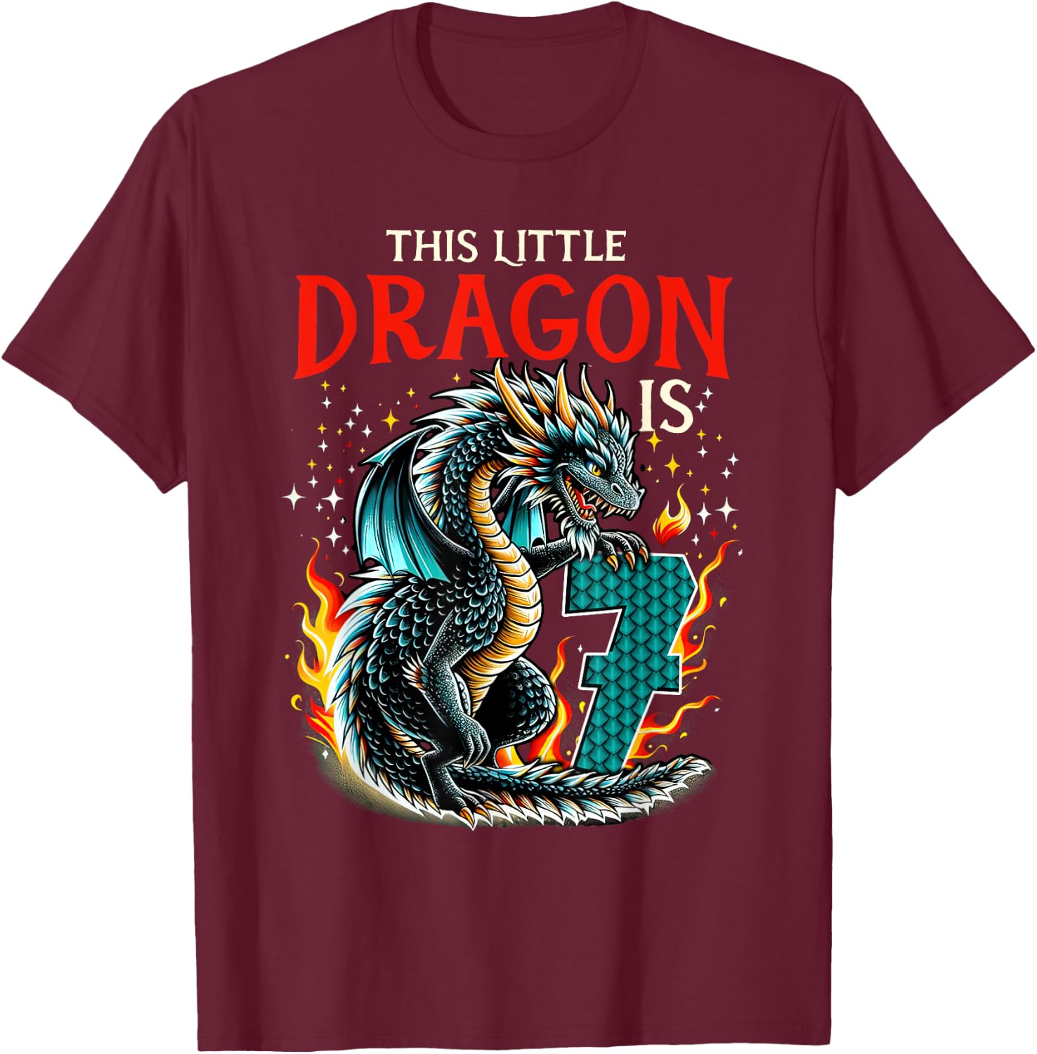 Turning 7 Year Old Birthday Boy Dragon 7th Bday Girl T-Shirt - T-Shirt | Maroon