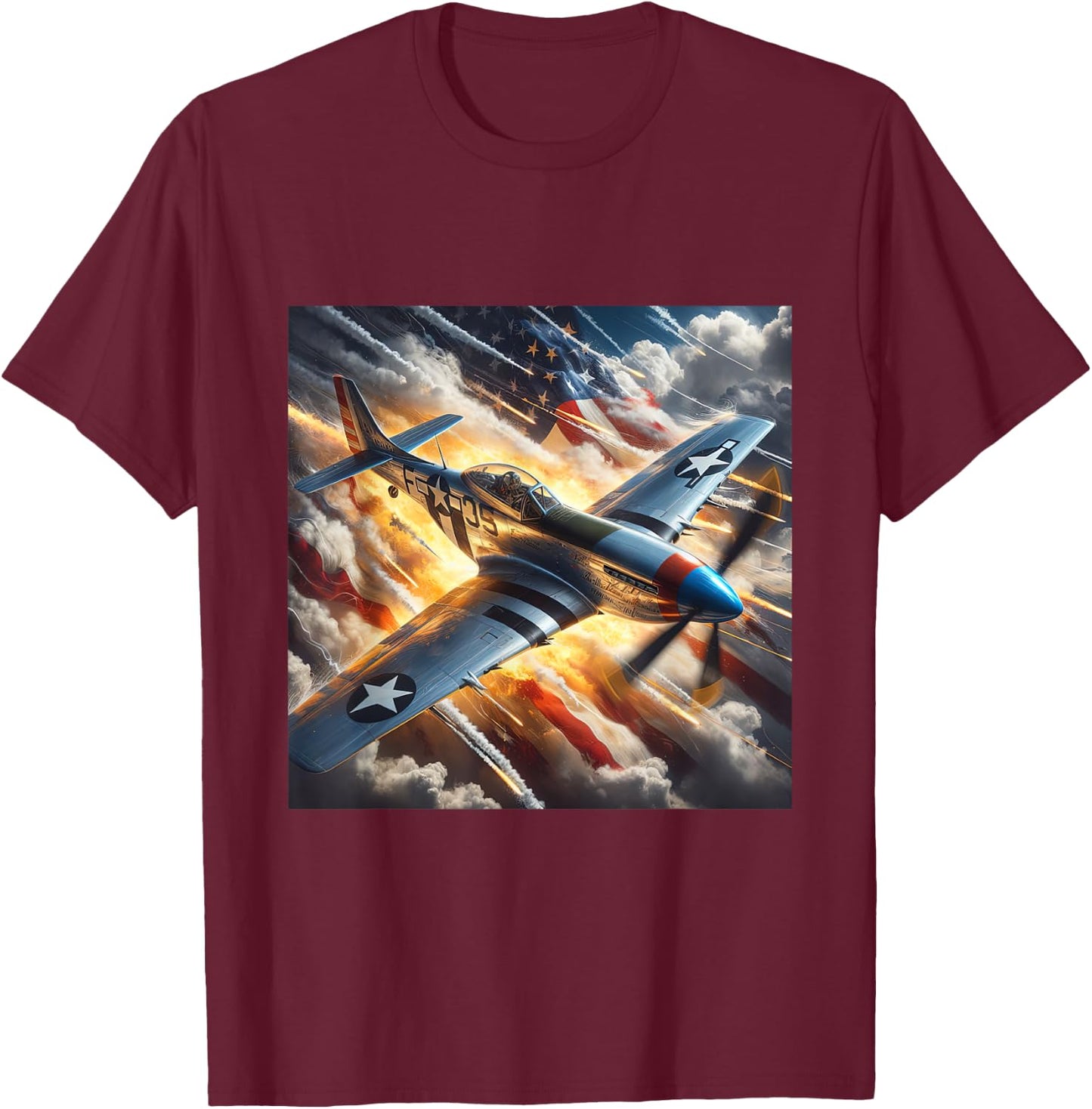 WWII Warbirds | P-51 Mustang in Dynamic Sky US Flag T-Shirt - T-Shirt | Maroon