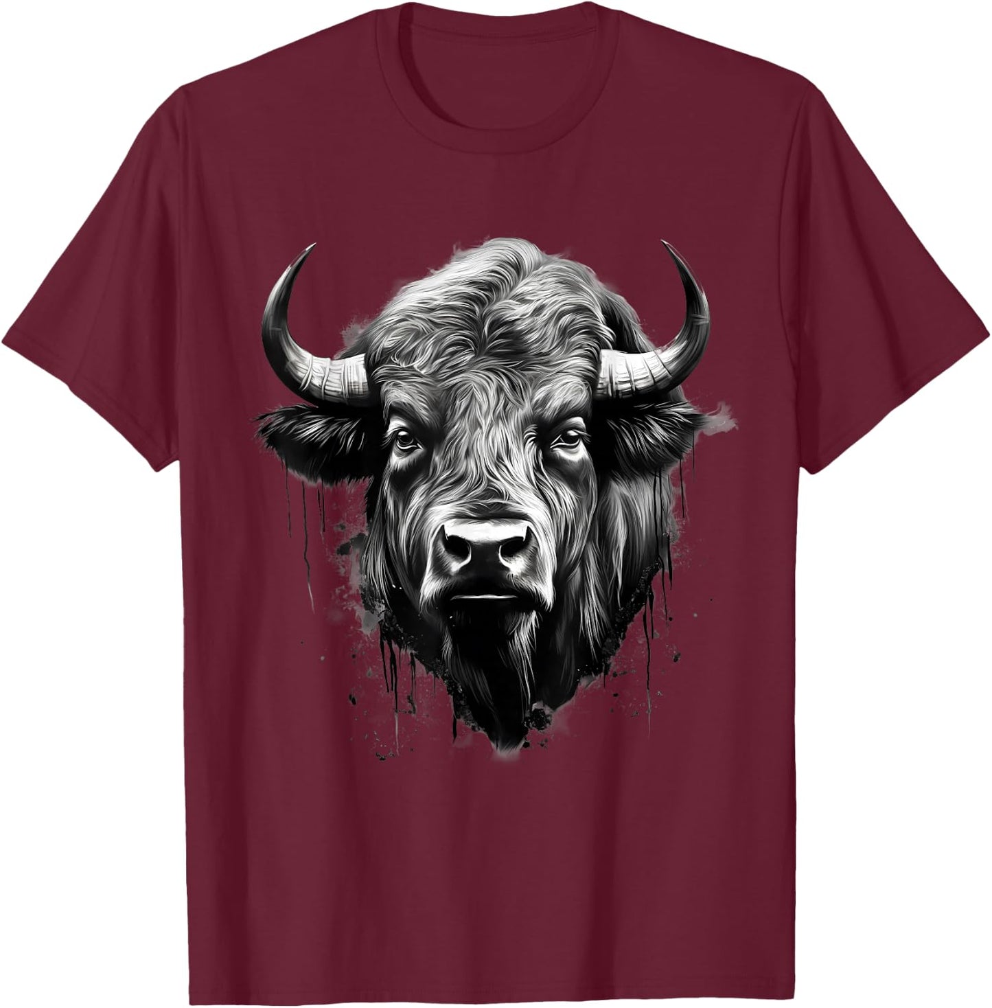 Bison Animal Print Drawing Splash Buffalo Artwork Portrait T-Shirt - T-Shirt | Maroon