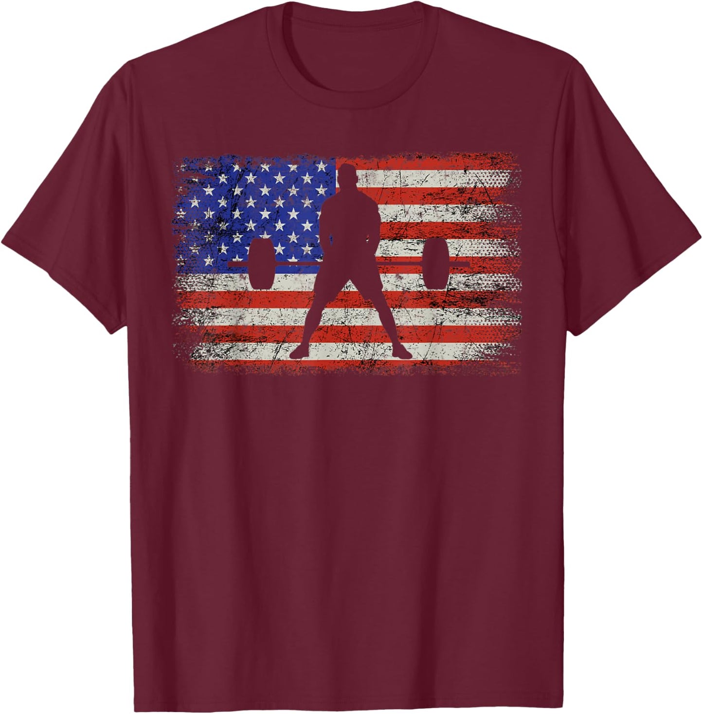 Weightlifting Patriotic Barbell American Flag Weight Lifter T-Shirt - T-Shirt | Maroon