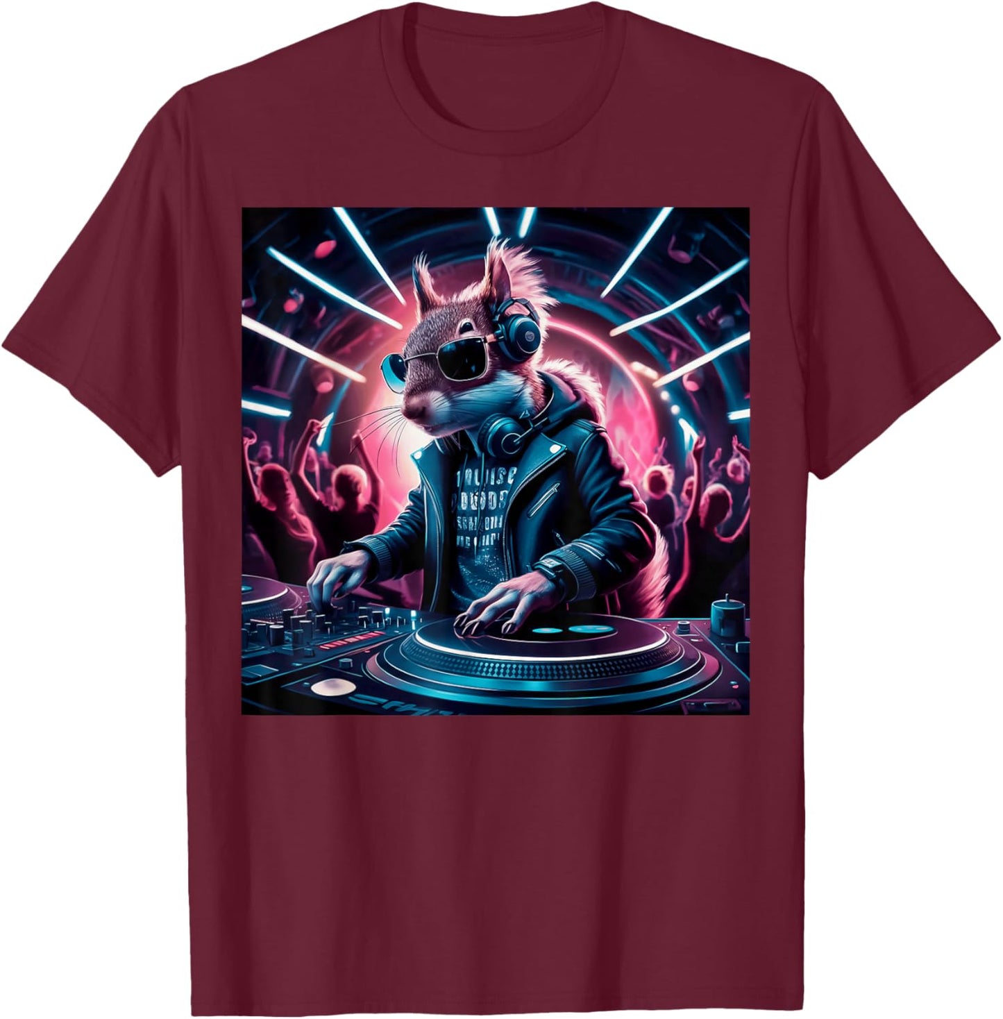 The Beat Never Stops Dj Squirrel In Leather Jacket Edm Art T-Shirt - T-Shirt | Maroon