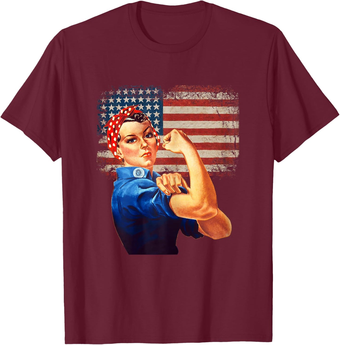 Rosie The Riveter American Flag US Flag T-Shirt - T-Shirt | Maroon