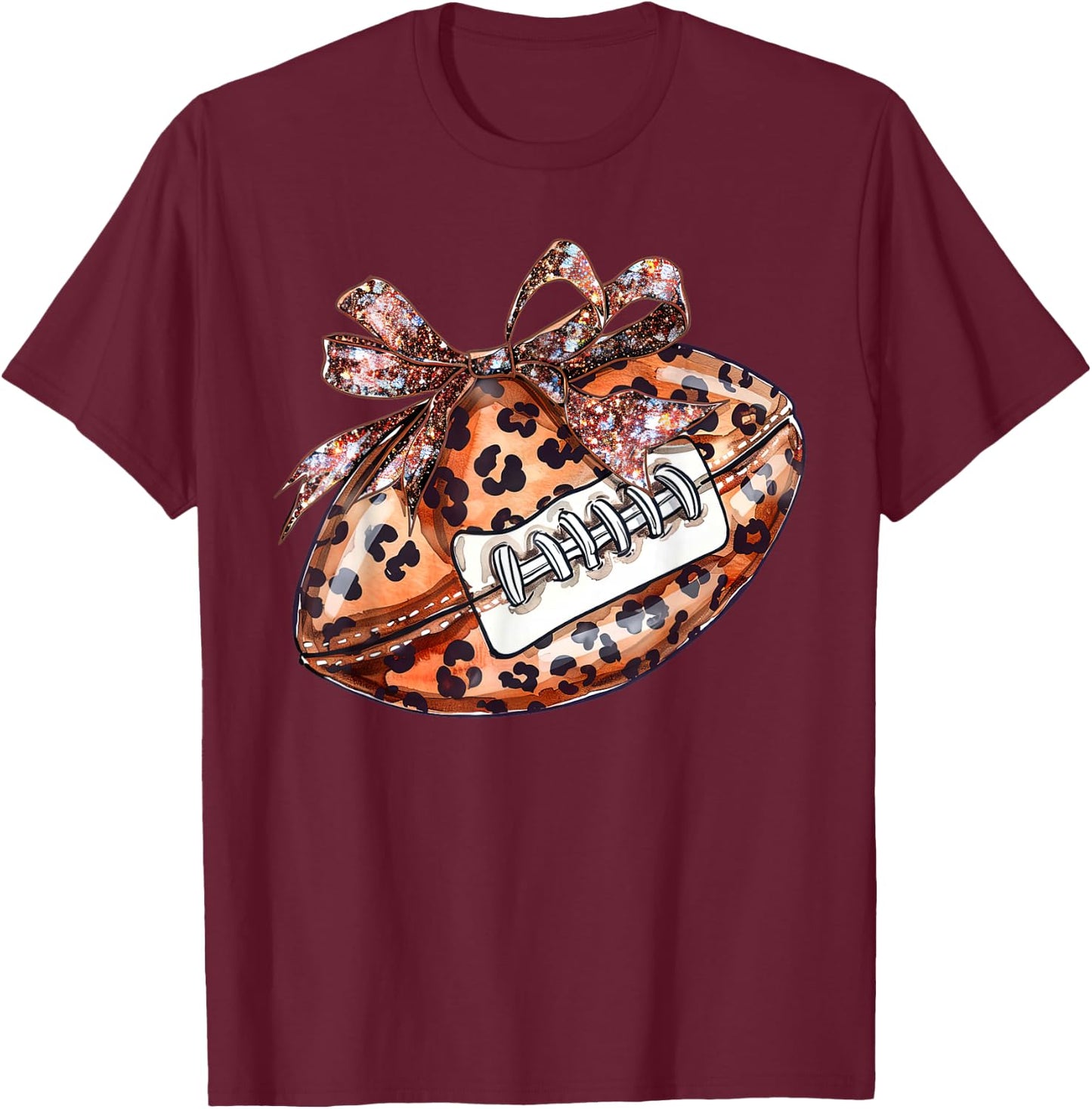 Leopard Cheetah Pattern Print Football with Ribbon Bow Tie T-Shirt - T-Shirt | Maroon