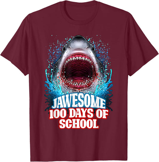 Jawesome 100 Days Of School Kids Adults Great White Shark T-Shirt - T-Shirt | Maroon