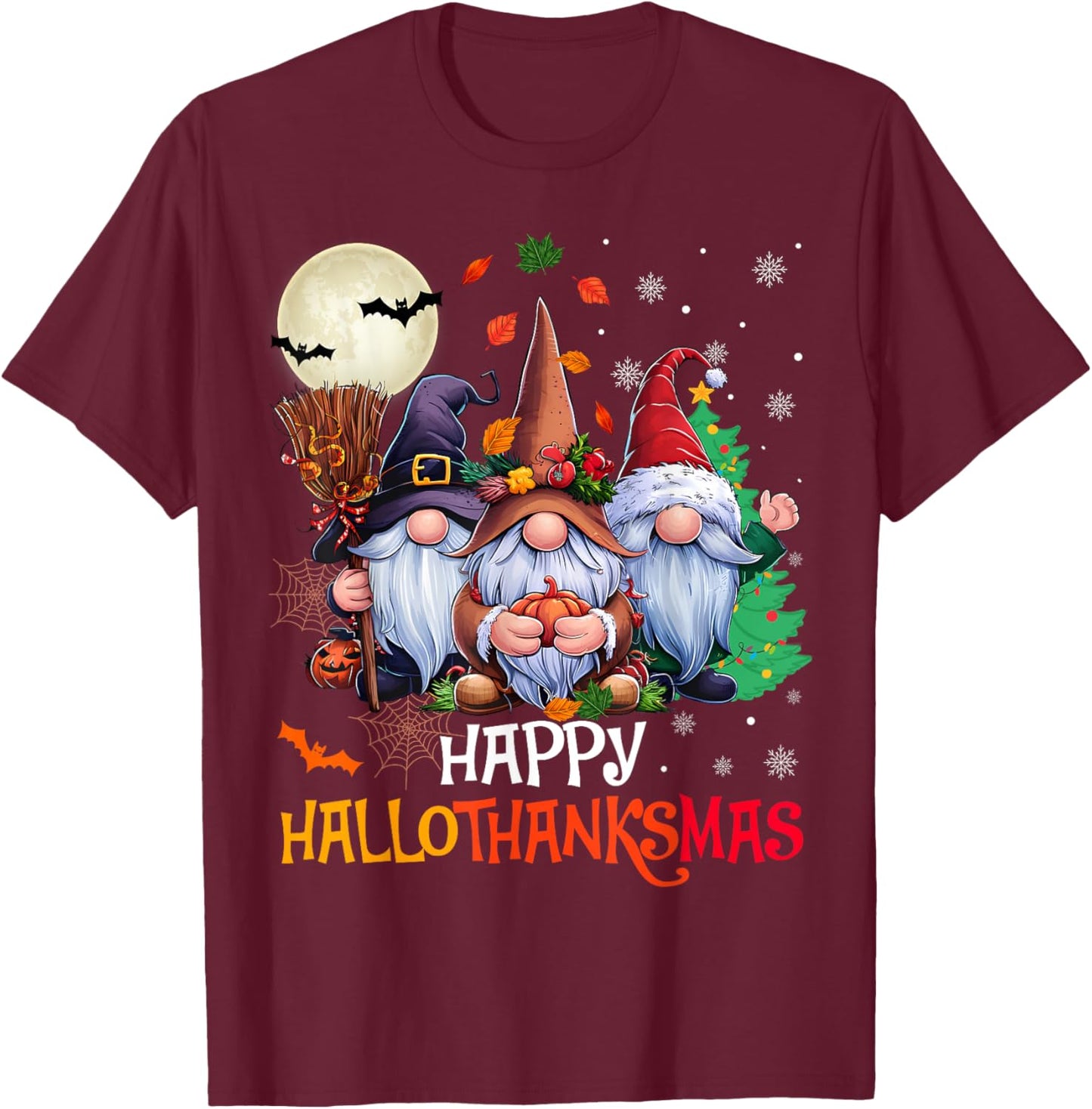 Happy Hallothanksmas Gnomes Lover Halloween Merry Christmas T-Shirt - T-Shirt | Maroon