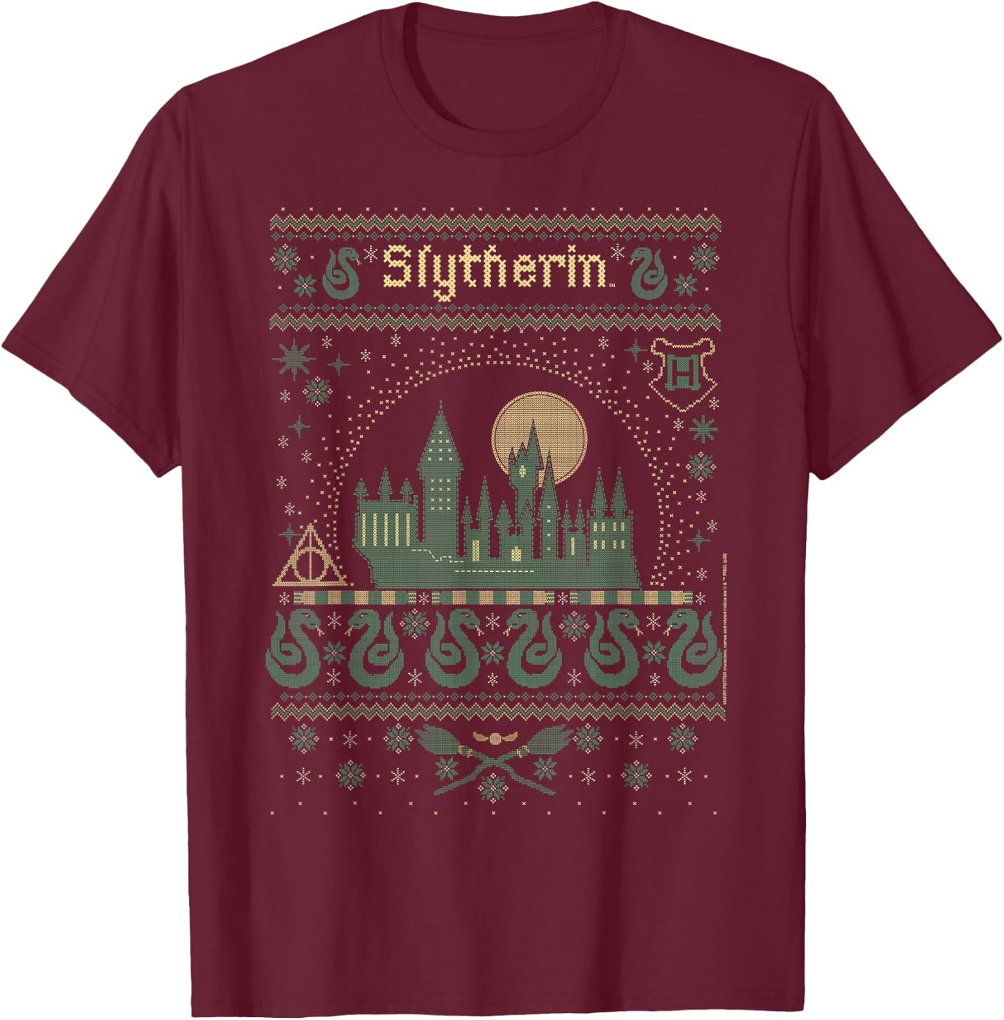 Harry Potter Christmas Slytherin Ugly Sweater T-Shirt - T-Shirt | Maroon