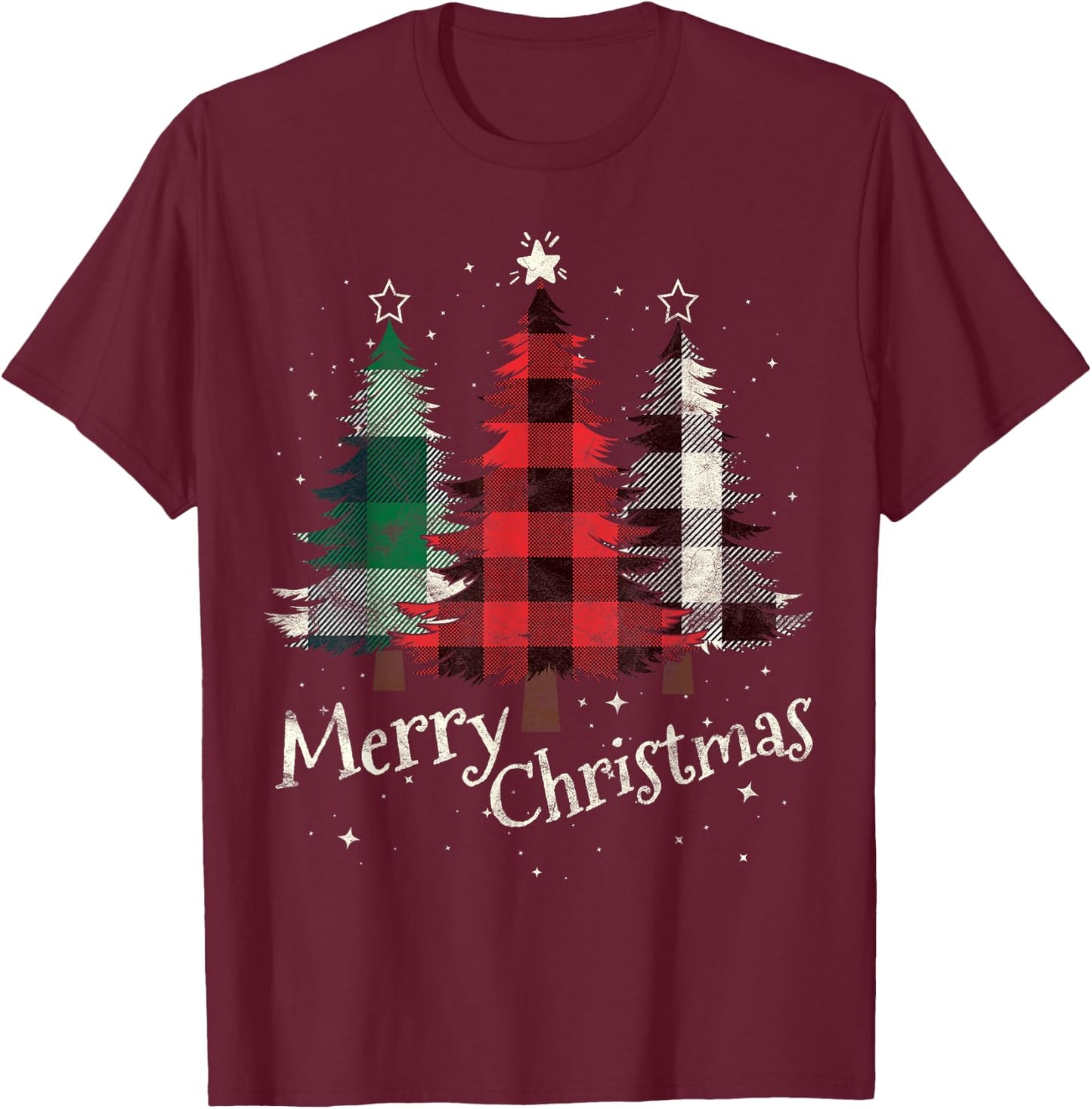 Merry Christmas Three Xmas Trees Buffalo Plaid Woman Gift T-Shirt - T-Shirt | Maroon