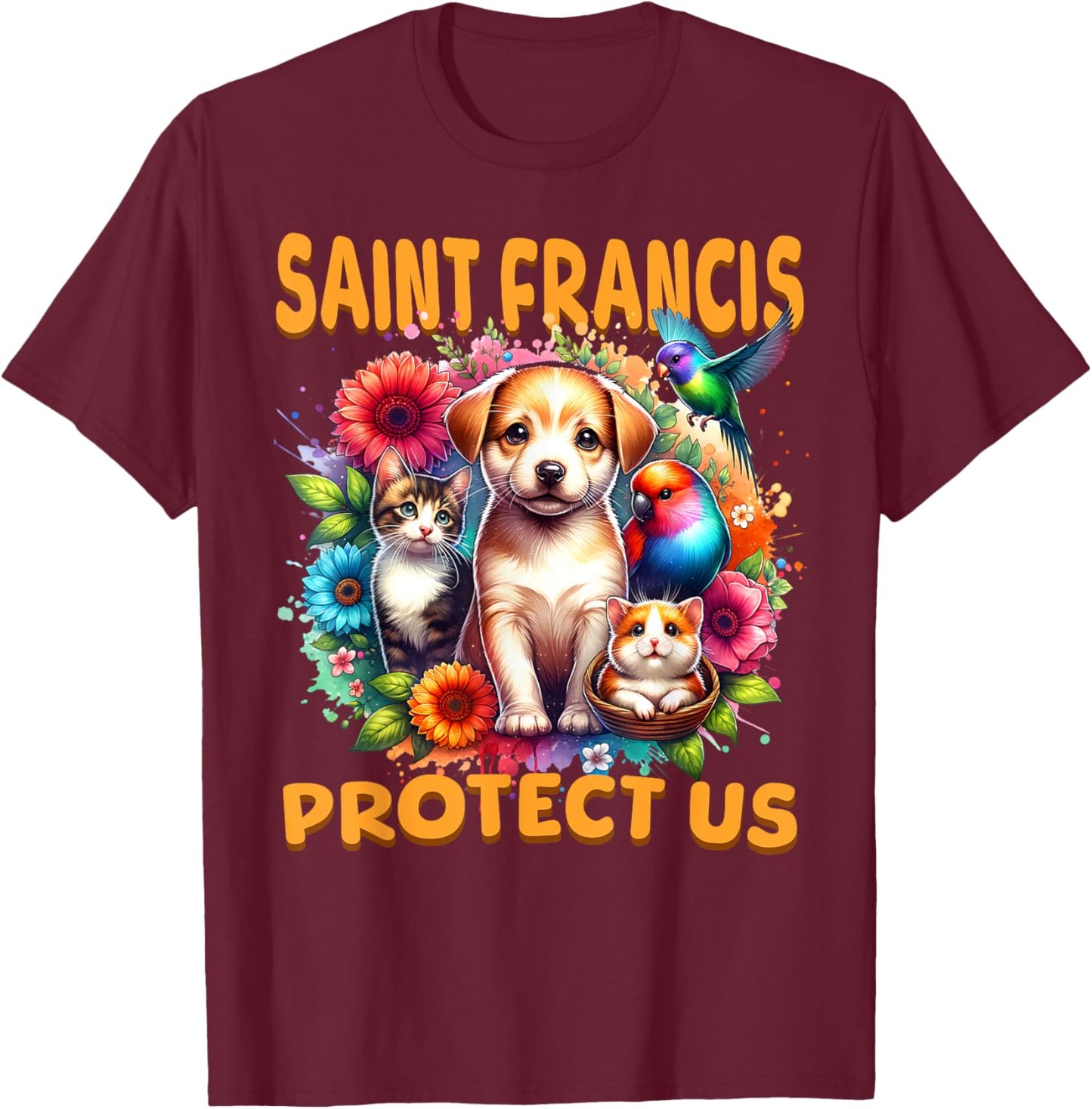 St Francis of Assisi Patron Saint of Animals Cute Catholic T-Shirt - T-Shirt | Maroon