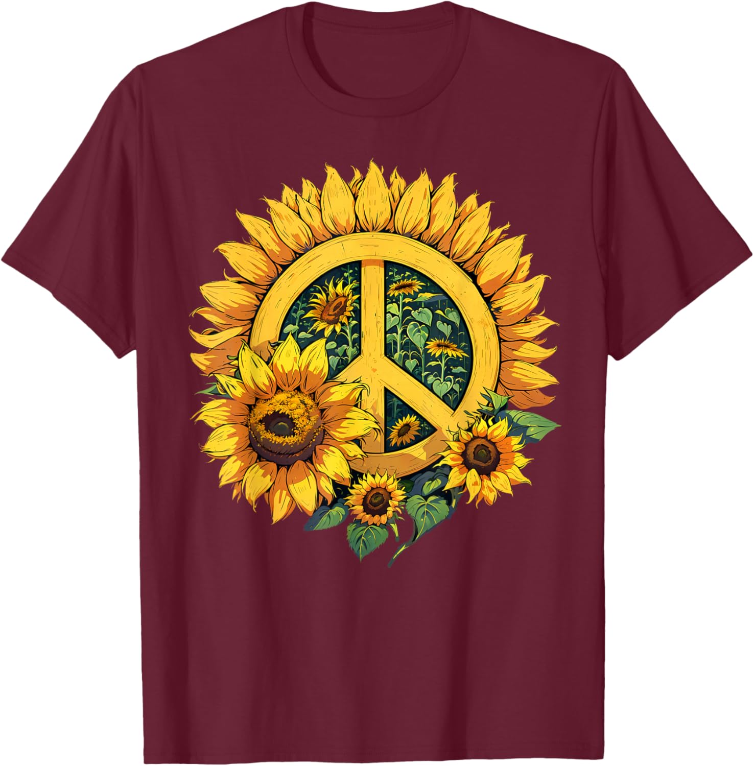 Sunflower Peace Sign T-Shirt - T-Shirt | Maroon