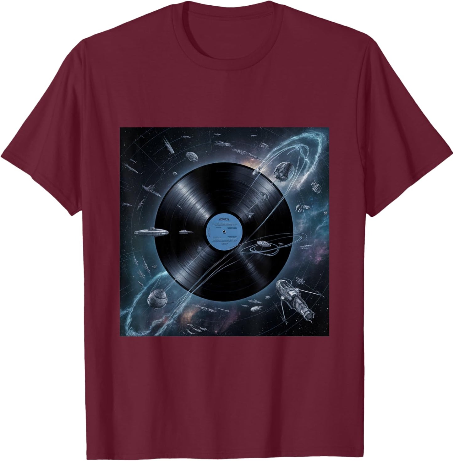 Vinyl Record Planet with Orbiting Satellites Spaceships T-Shirt - T-Shirt | Maroon