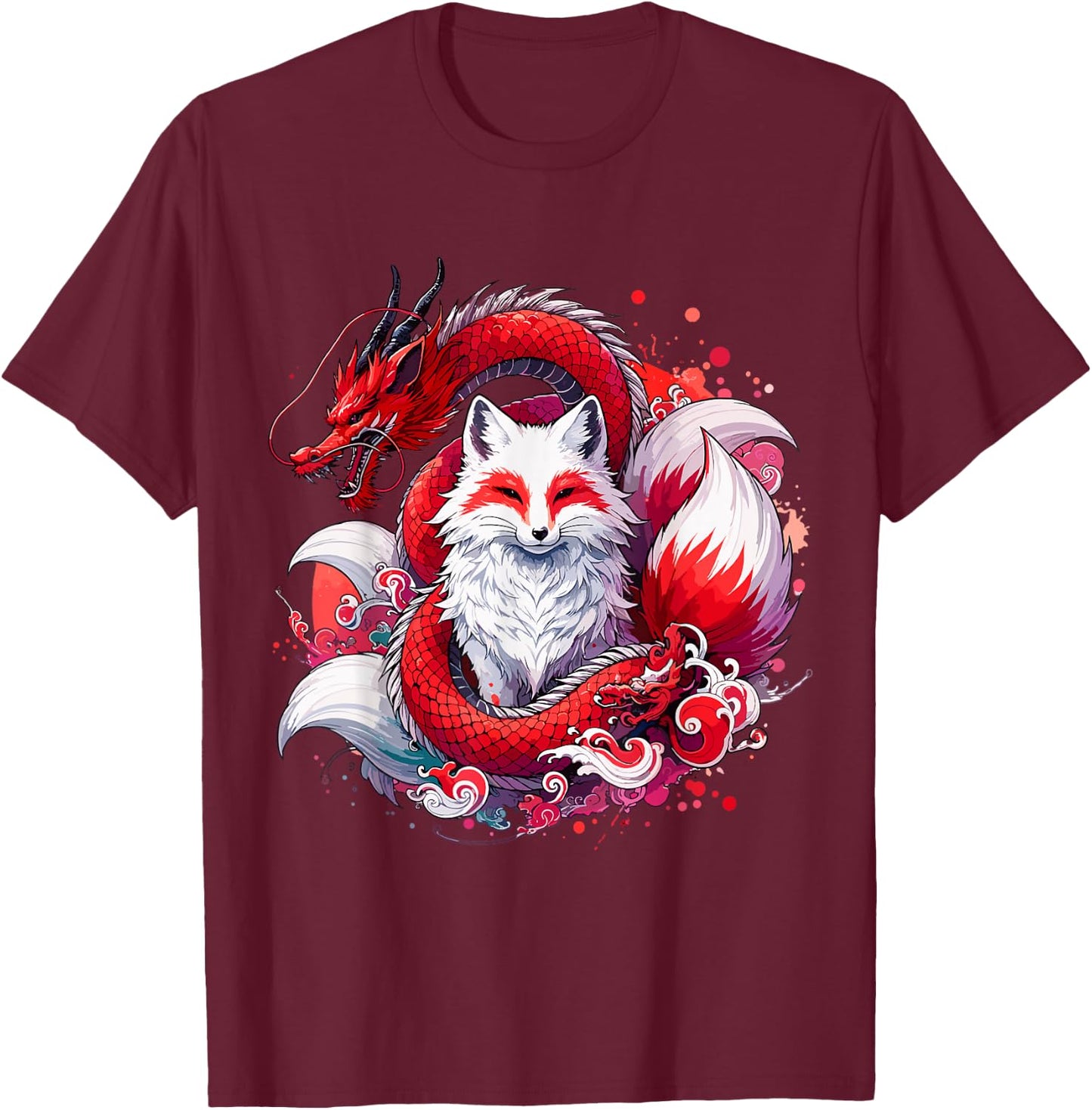 Nine-tailed Fox Kitsune Dragon Japanese T-Shirt - T-Shirt | Maroon