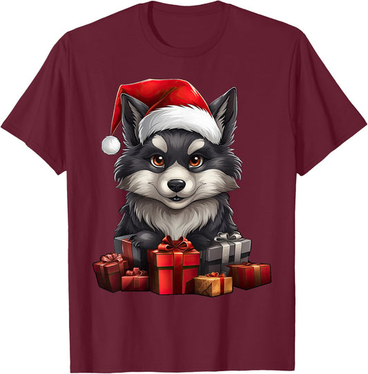 Wolf Santa Claus Hat Christmas Pajama Xmas Party T-Shirt - T-Shirt | Maroon