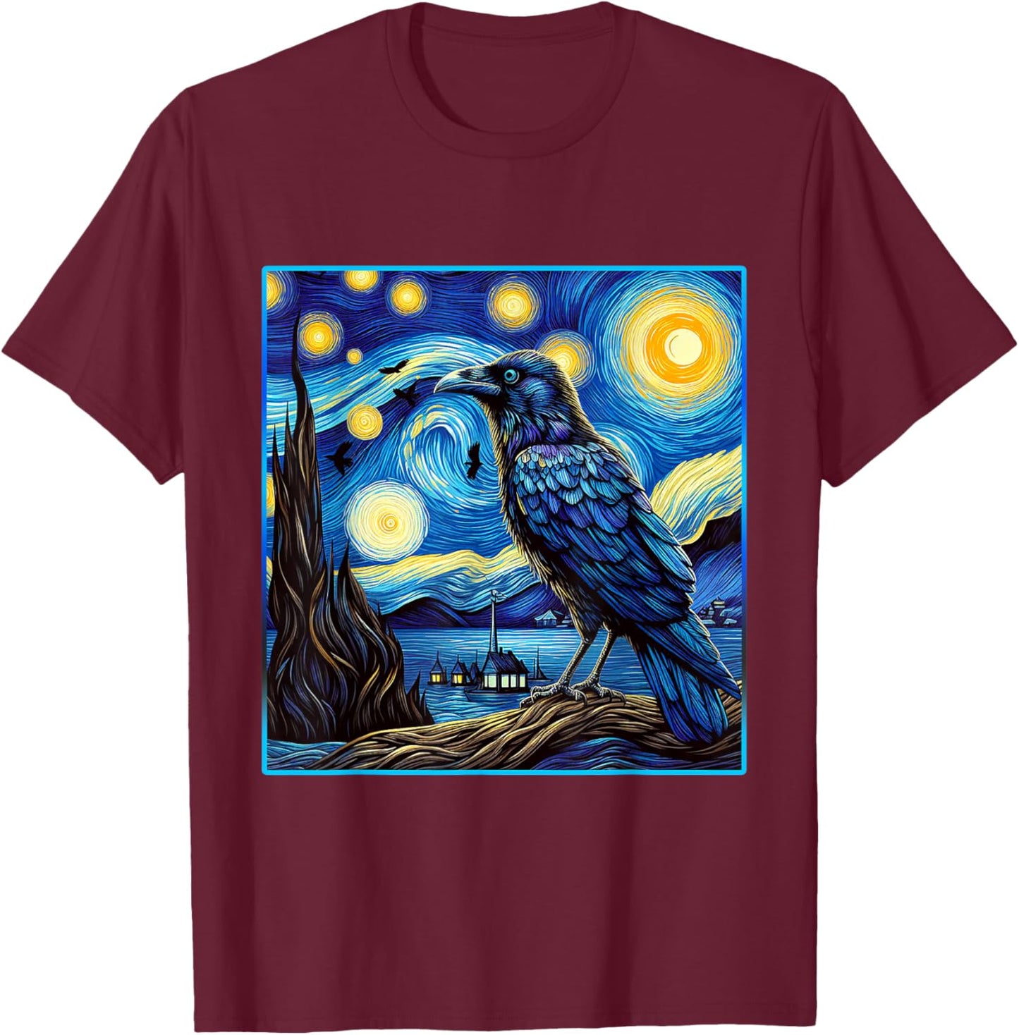 Raven Starry Night Shirt Van Gogh Painting Black Crow Lover T-Shirt - T-Shirt | Maroon