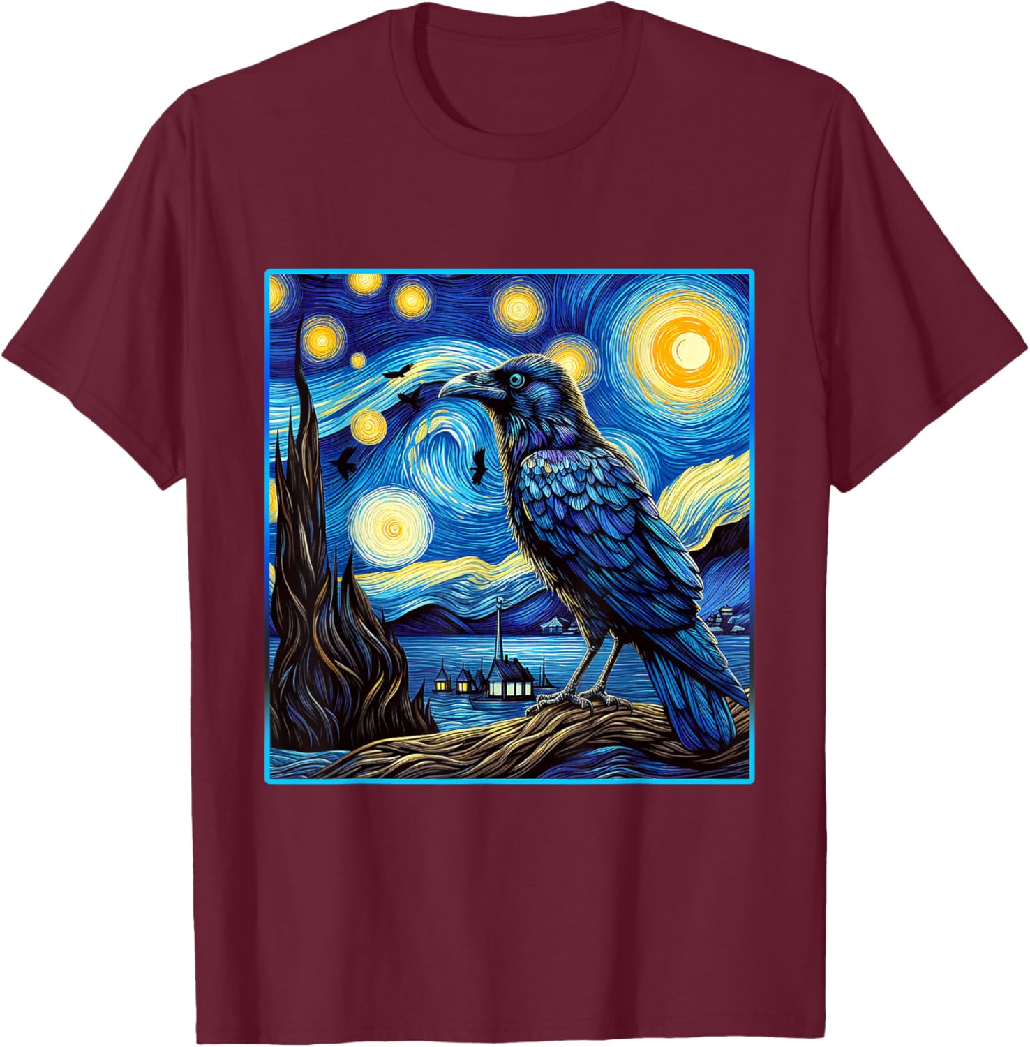 Raven Starry Night Shirt Van Gogh Painting Black Crow Lover T-Shirt - T-Shirt | Maroon