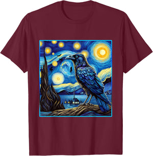 Raven Starry Night Shirt Van Gogh Painting Black Crow Lover T-Shirt - T-Shirt | Maroon
