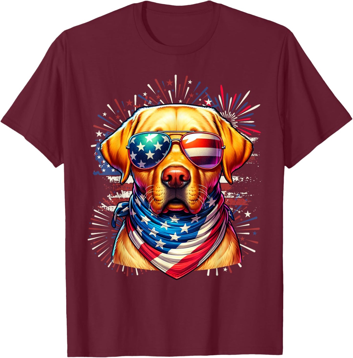 Yellow Lab Patriotic 4th of July USA Flag Fireworks Dog Kids Men T-Shirt - T-Shirt | Maroon
