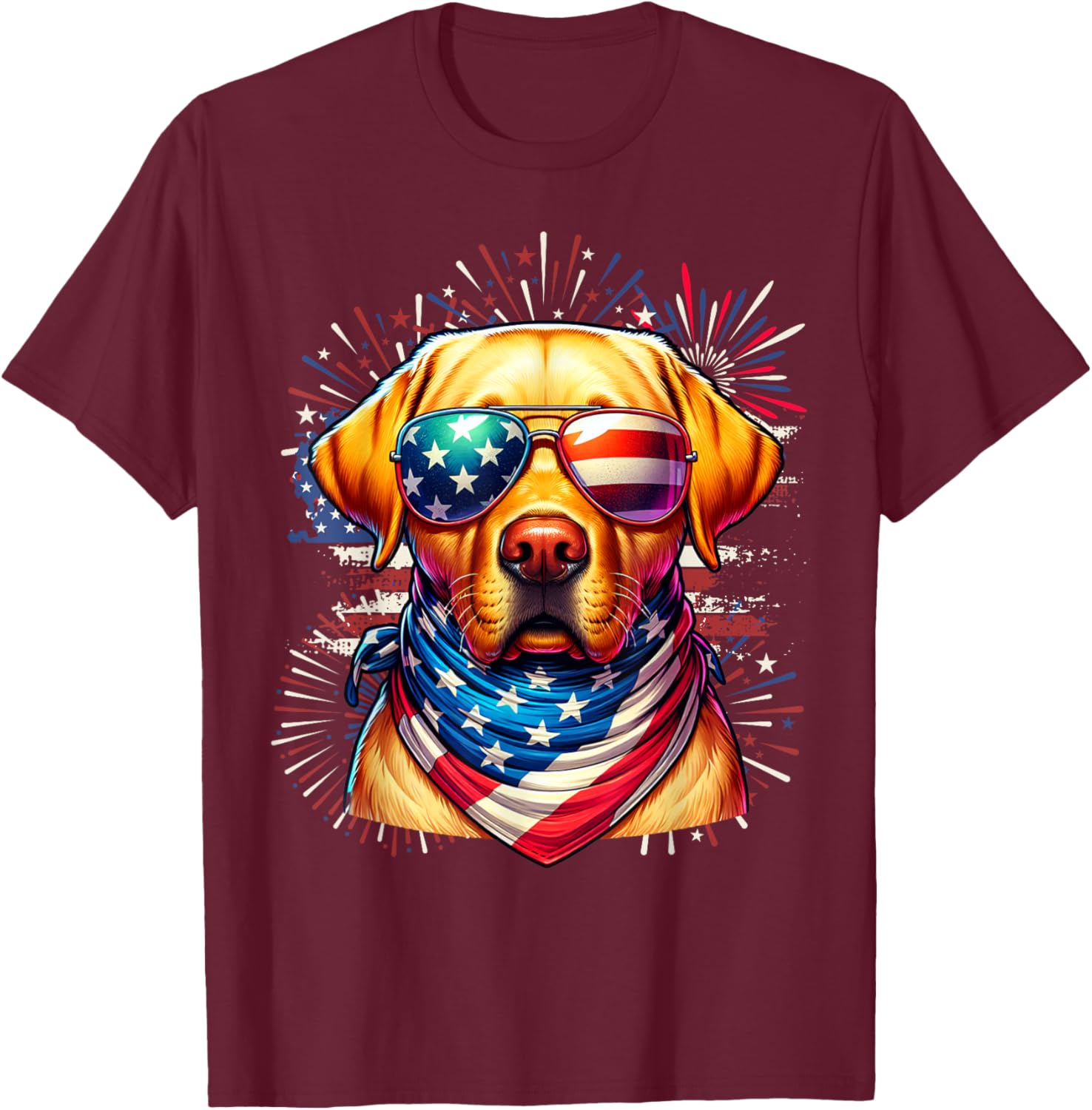Yellow Lab Patriotic 4th of July USA Flag Fireworks Dog Kids Men T-Shirt - T-Shirt | Maroon