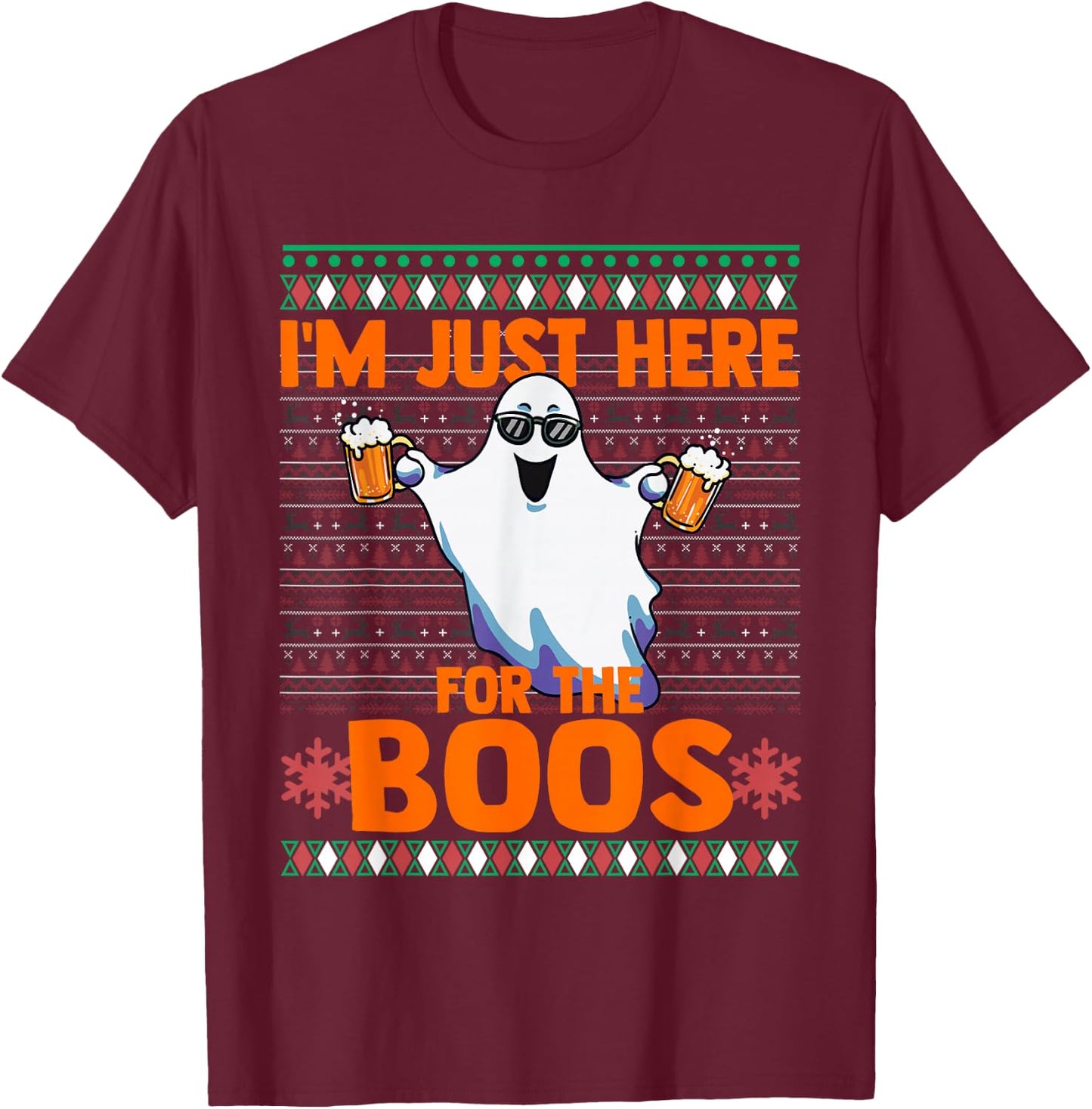 Funny Halloween Ghost Here For The Booze Joke Ugly Sweater T-Shirt - T-Shirt | Maroon
