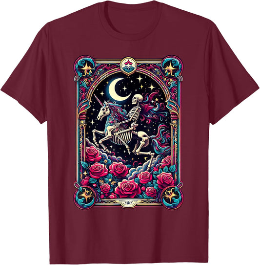 Tarot Card Skeleton Colorful Floral Unicorn Halloween T-Shirt - T-Shirt | Maroon