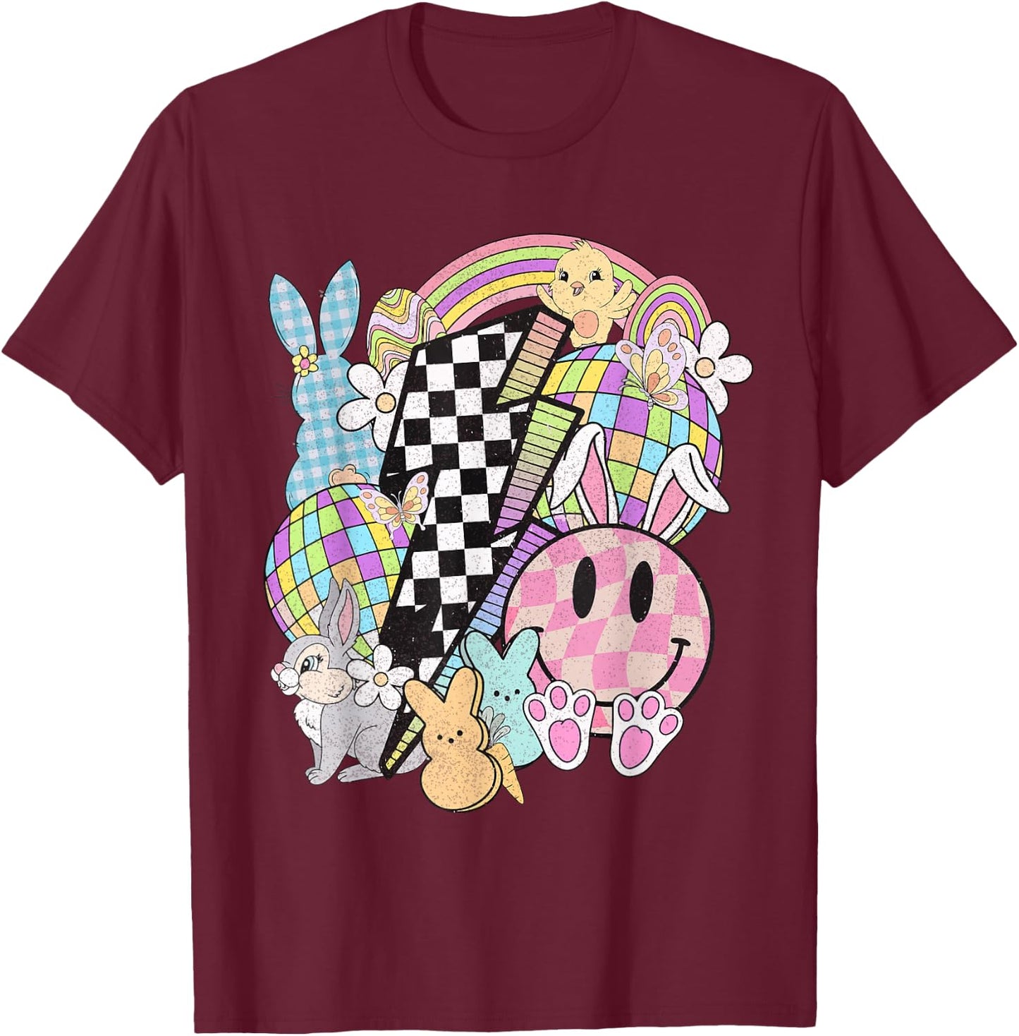 Retro Groovy Happy Easter Bunny Smile Face For Girls T-Shirt - T-Shirt | Maroon