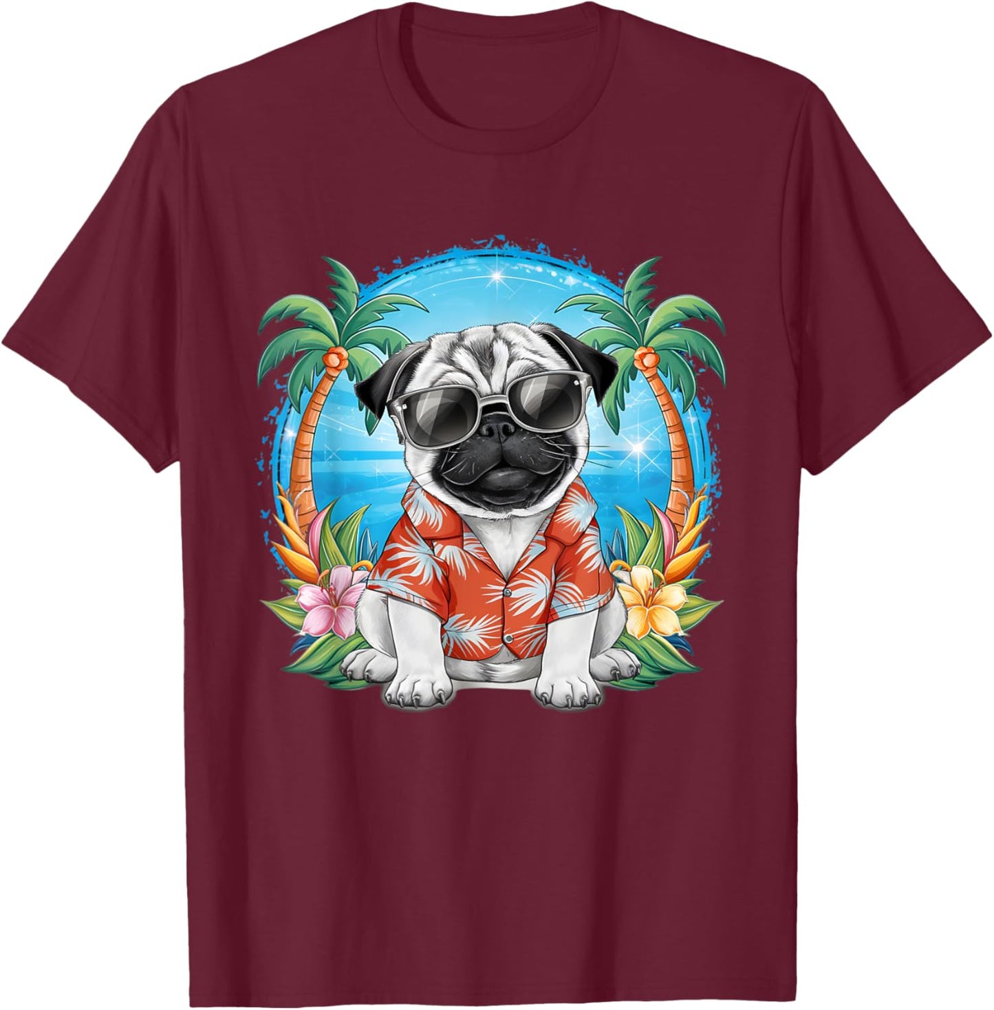 Funny Pug Summer Hawaiian Vibes Tropical Beach Women T-Shirt - T-Shirt | Maroon