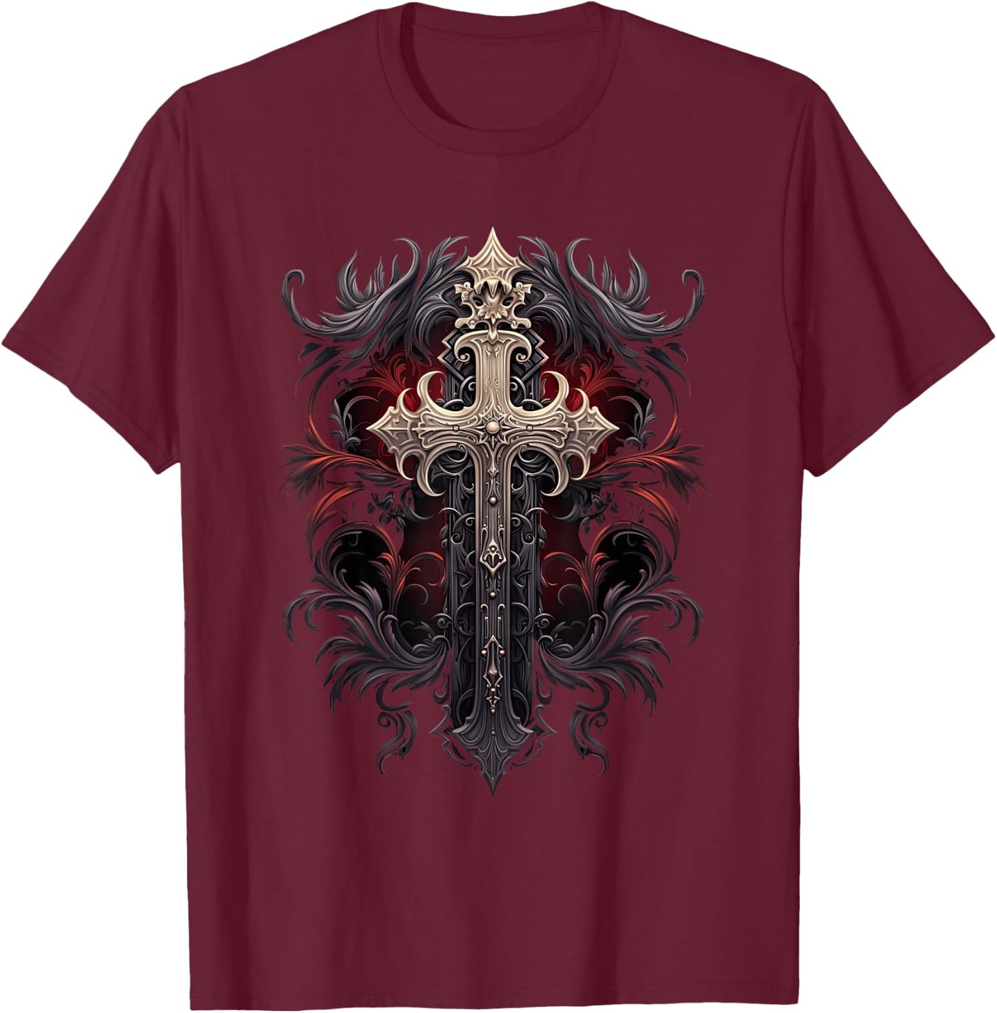 Gothic Cross Goths Design Filigree Victorian Cross T-Shirt - T-Shirt | Maroon