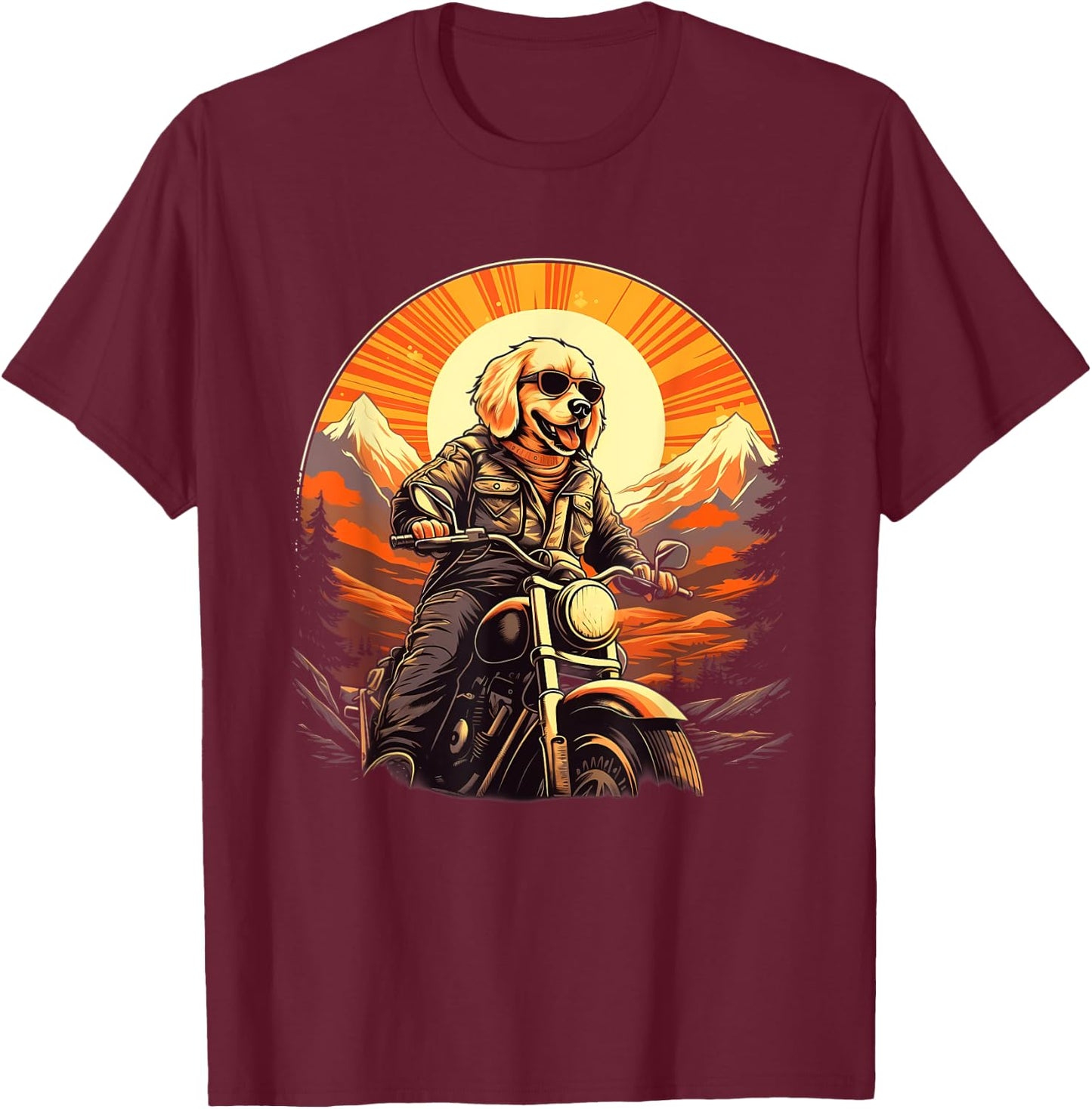 Biker Golden Retriever Dog Riding Motorcycle Men Women Girls Kids T-Shirt - T-Shirt | Maroon