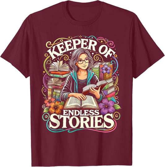 Library Keeper Of Endless Stories Librarian T-Shirt - T-Shirt | Maroon