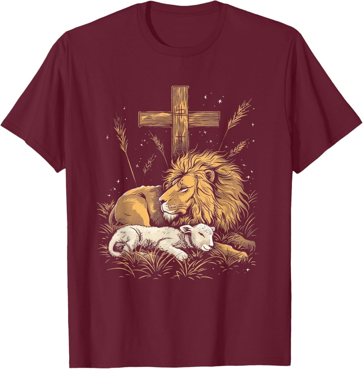 Religious Art Faith Spiritual Symbol Biblical Christianity Lion Lamb Christian Cross T-Shirt - T-Shirt | Maroon