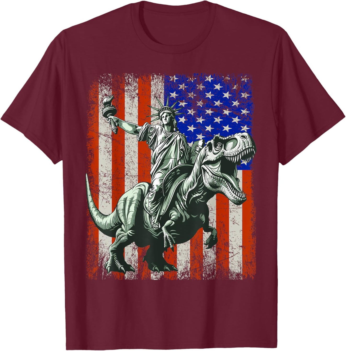 Dino Statue of liberty riding dinosaur T-Shirt - T-Shirt | Maroon