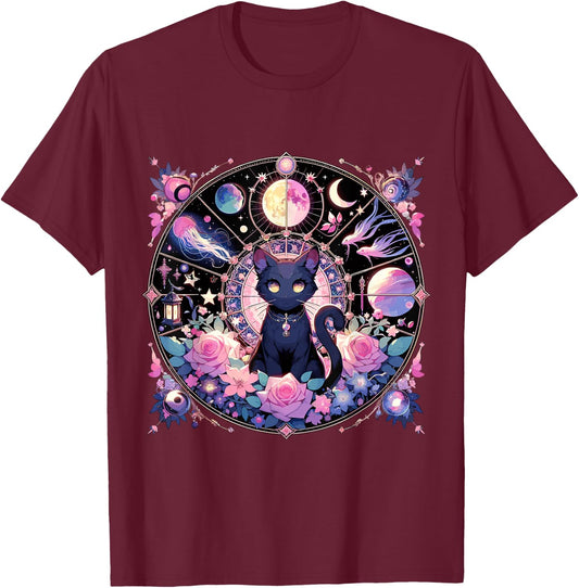 Moon Phases Crystal Witchy Cute Black Cat Kawaii Pastel Goth T-Shirt - T-Shirt | Maroon