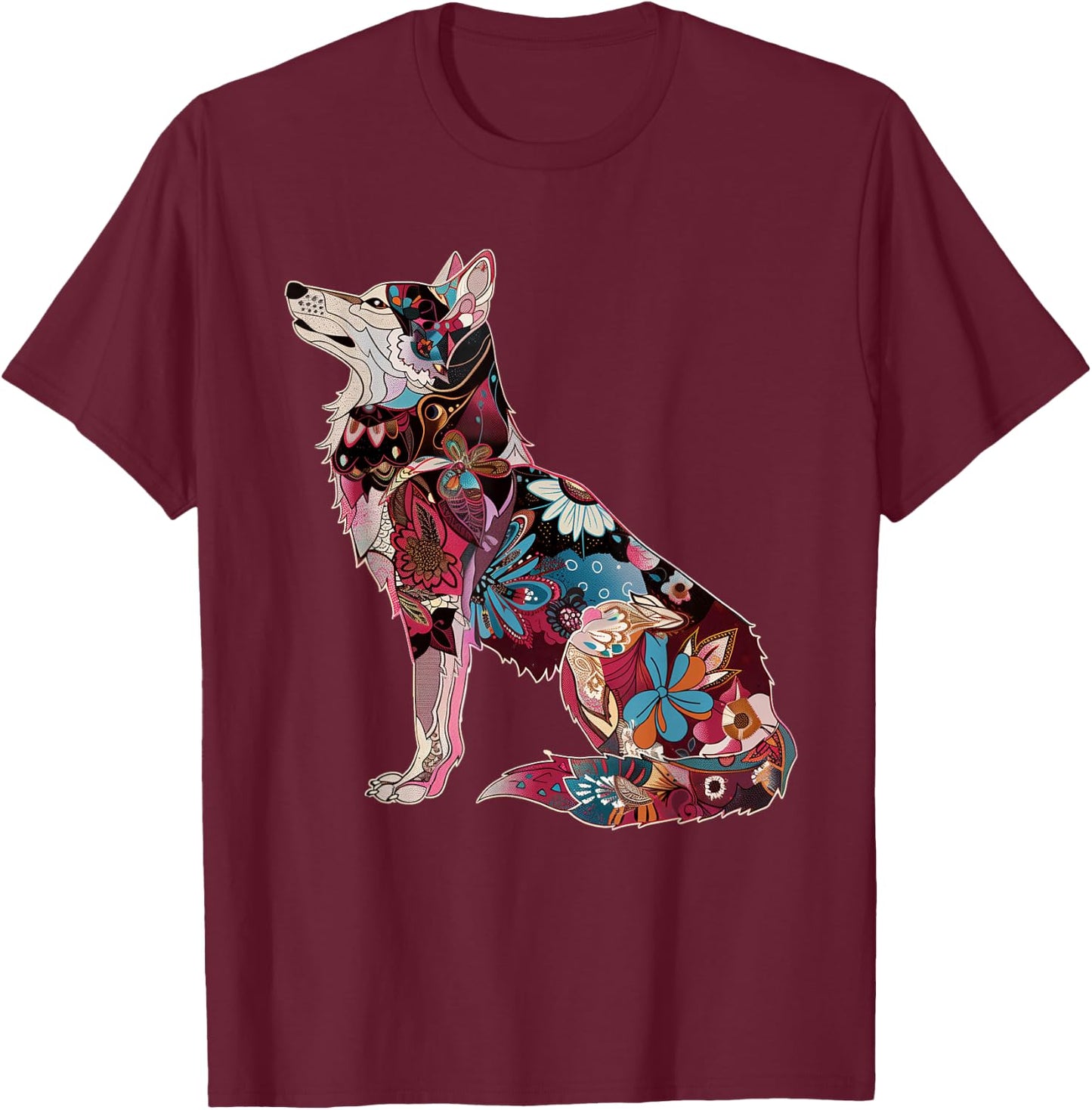 Wolf Vintage Flowers Floral Wolf Lover T-Shirt - T-Shirt | Maroon