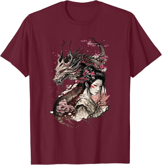 198 Sakura Japan Geisha Japanese Dragon Cherry Blossom T-Shirt - T-Shirt | Maroon