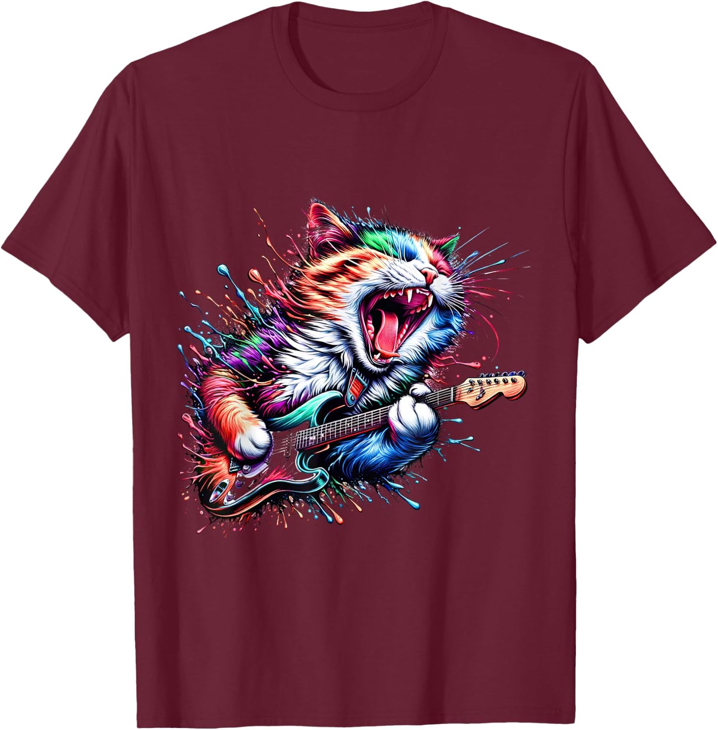 Kitty Cat Playing Guitar Rock Cat Heavy Metal Cat Music Cat T-Shirt - T-Shirt | Maroon