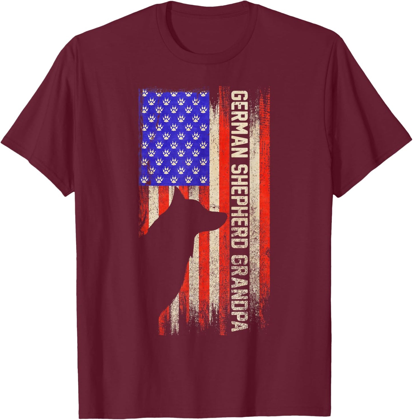 Vintage USA Flag Proud German Shepherd Grandpa Silhouette T-Shirt - T-Shirt | Maroon