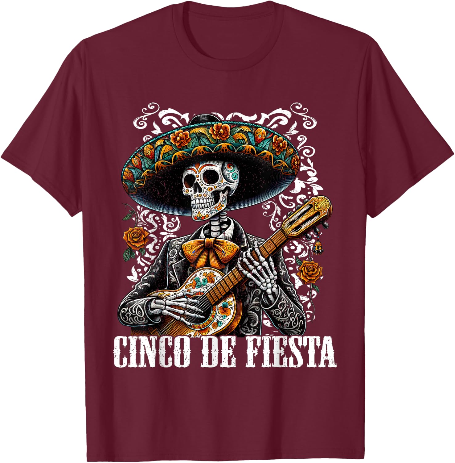 Cinco De Mayo Fiesta Mariachi Skeleton Guitar Mexican 2024 T-Shirt - T-Shirt | Maroon