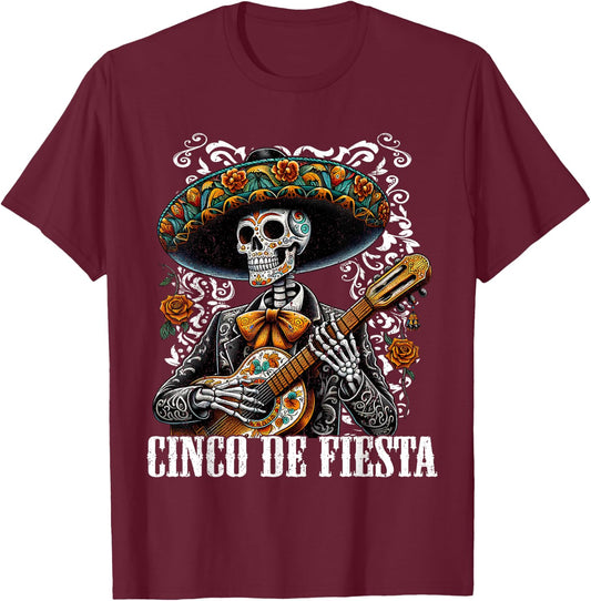Cinco De Mayo Fiesta Mariachi Skeleton Guitar Mexican 2024 T-Shirt - T-Shirt | Maroon
