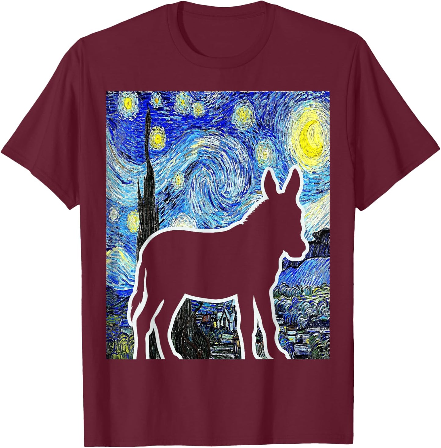 Donkey Starry Night Donkey Lover Farmer Painting T-Shirt - T-Shirt | Maroon