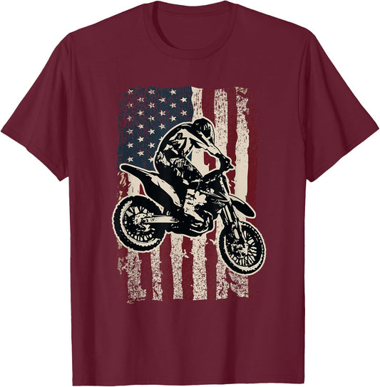 Motocross Dirt Bike Patriotic American Flag Biker Gift T-Shirt - T-Shirt | Maroon