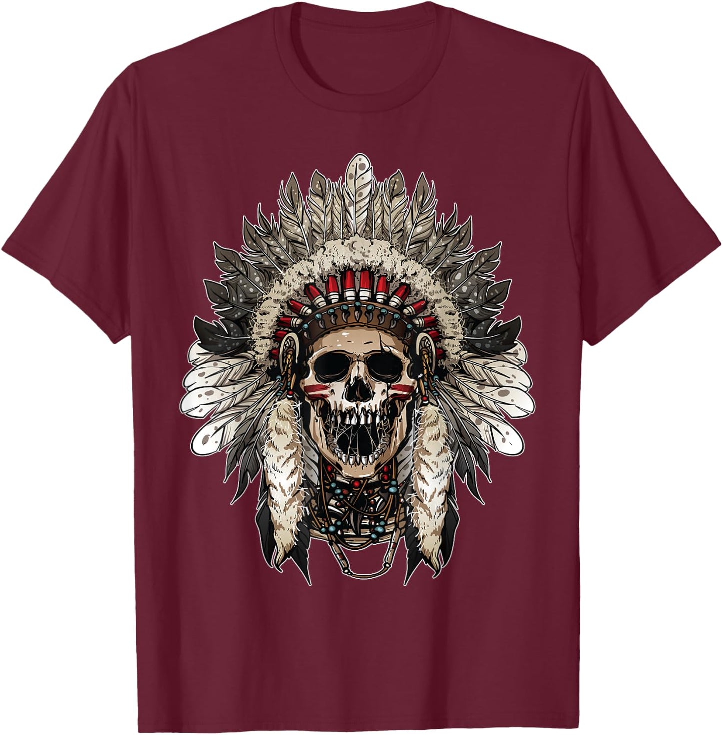 Chief Head Native American Indians Warbonnets Headdress T-Shirt - T-Shirt | Maroon
