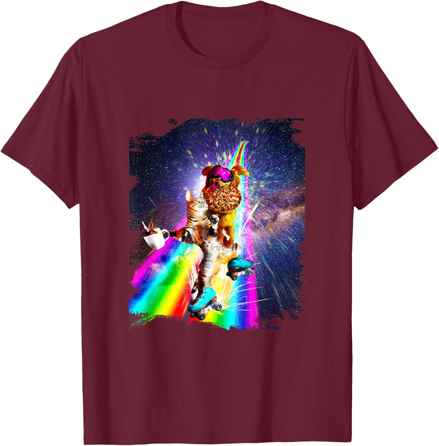 Dog Cat On Roller Skates With Pizza Coffee T-Shirt - T-Shirt | Maroon