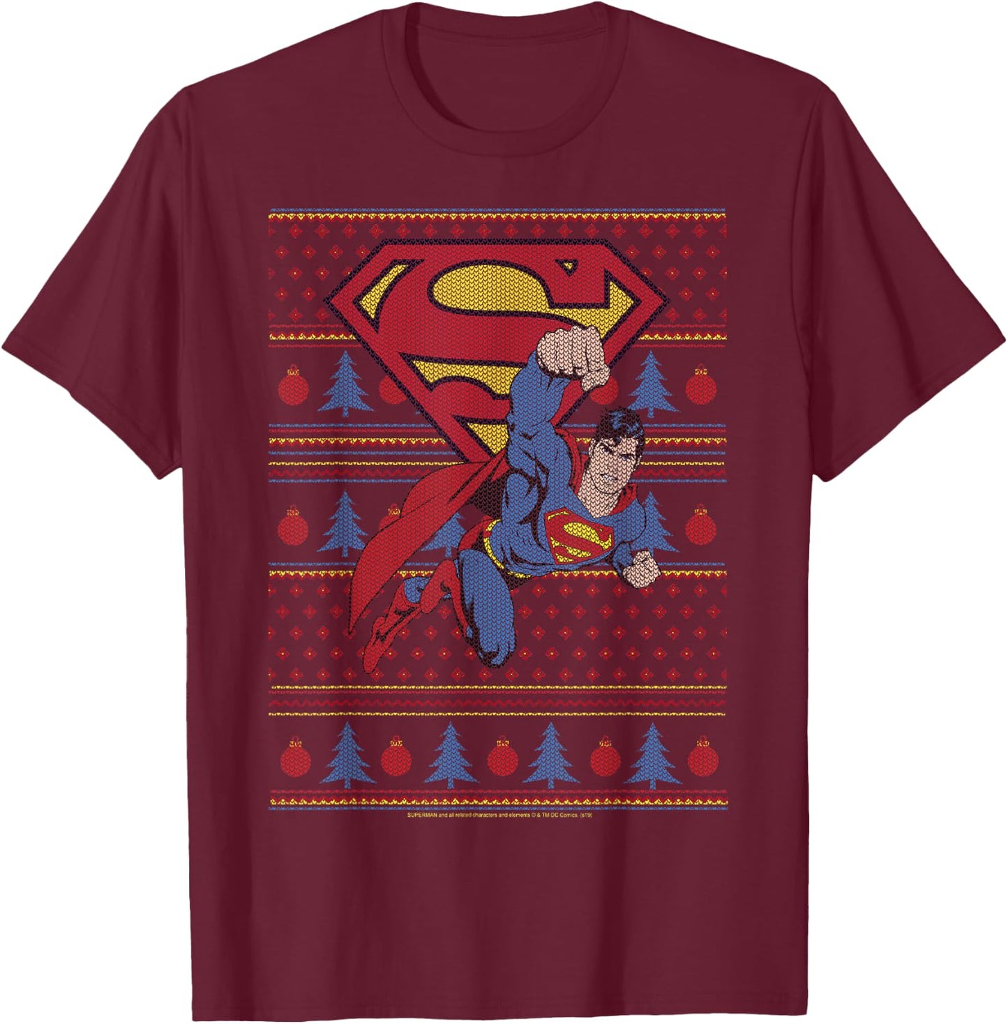 DC Comics Superman Action Pose Christmas Sweater Style T-Shirt - T-Shirt | Maroon