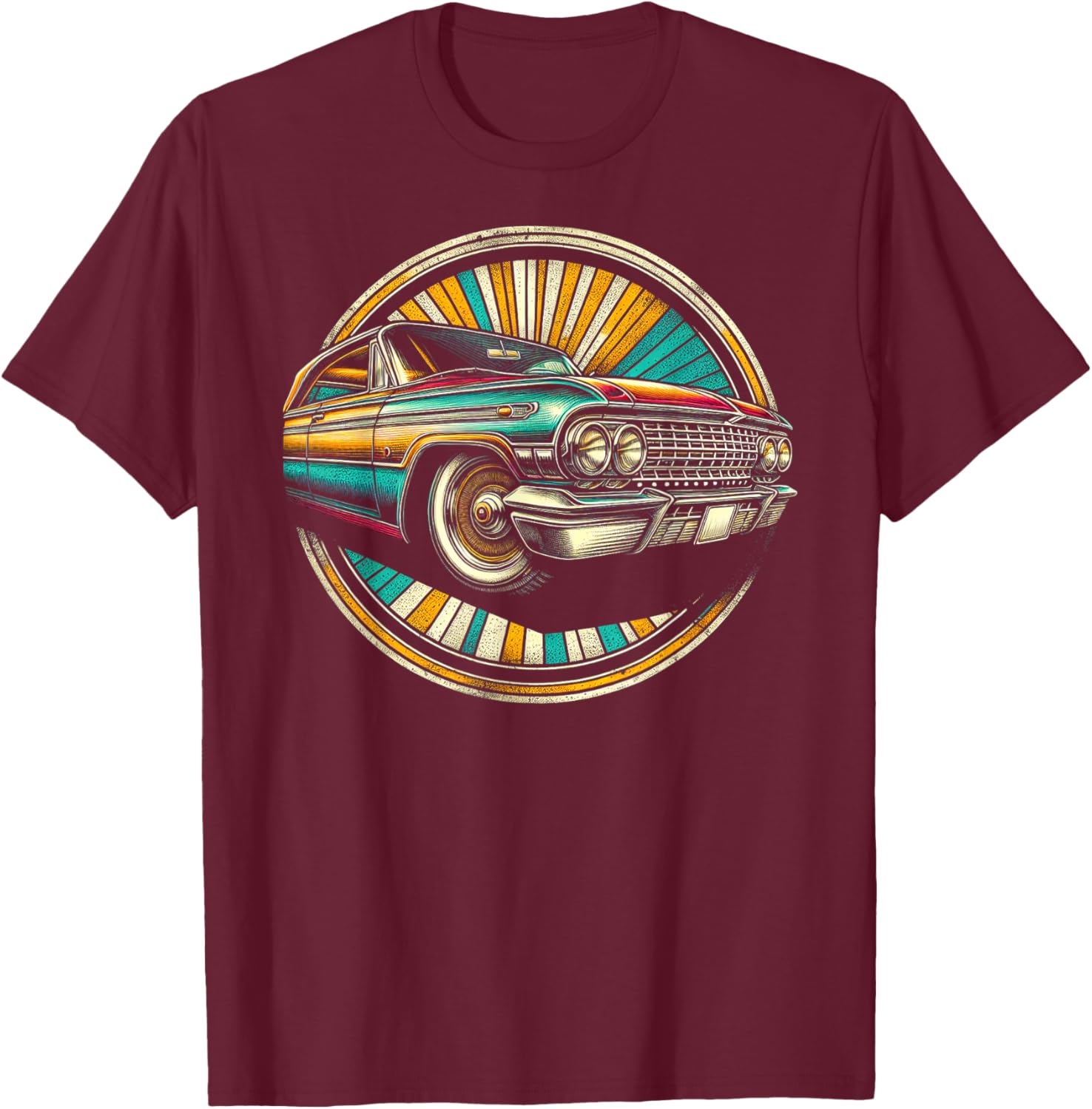 Detailed 1960s Car Illustration T-Shirt - T-Shirt | Maroon