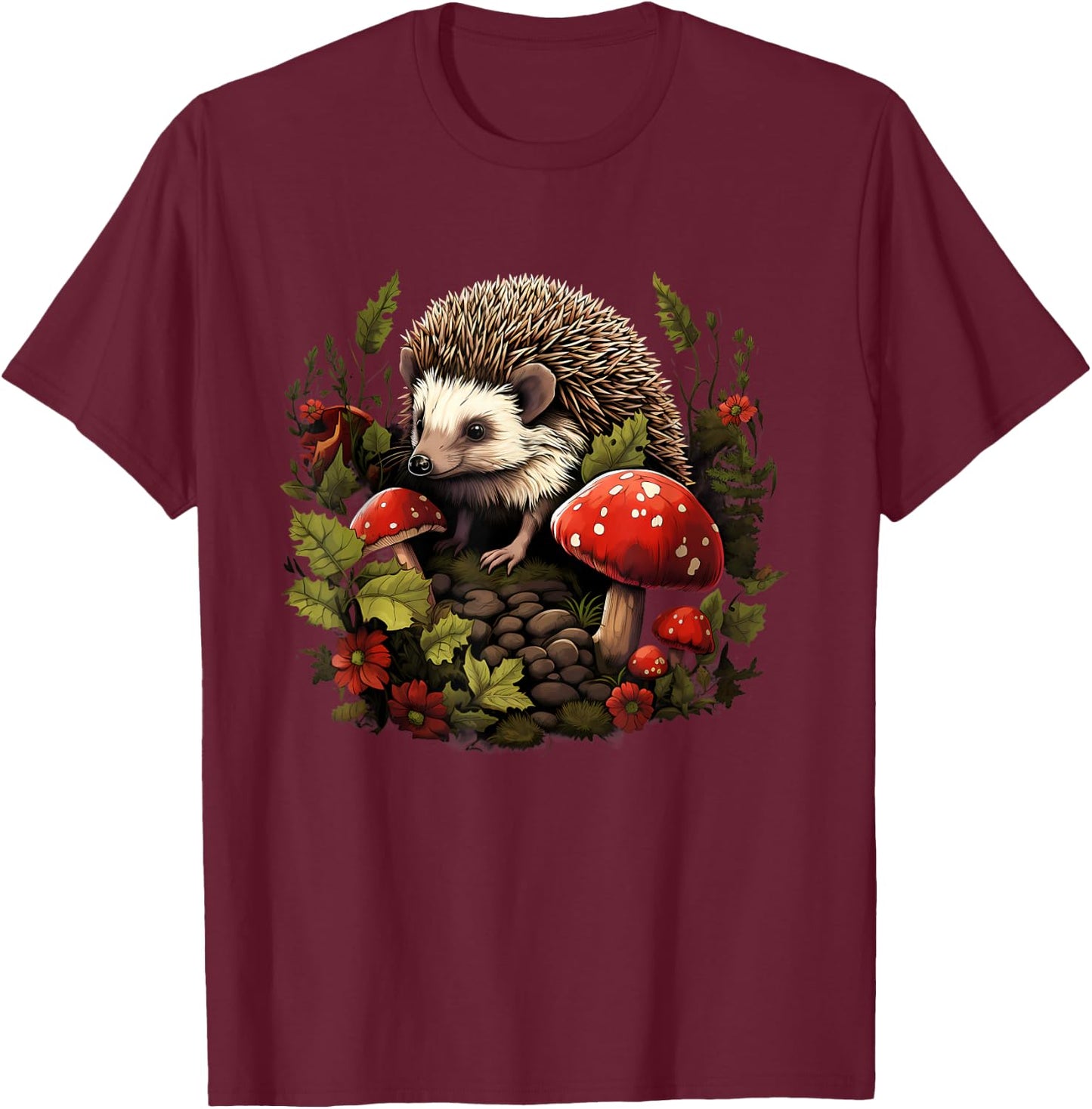 Hedgehog Landscape Animal Art Forest Wildlife Floral Artwork T-Shirt - T-Shirt | Maroon
