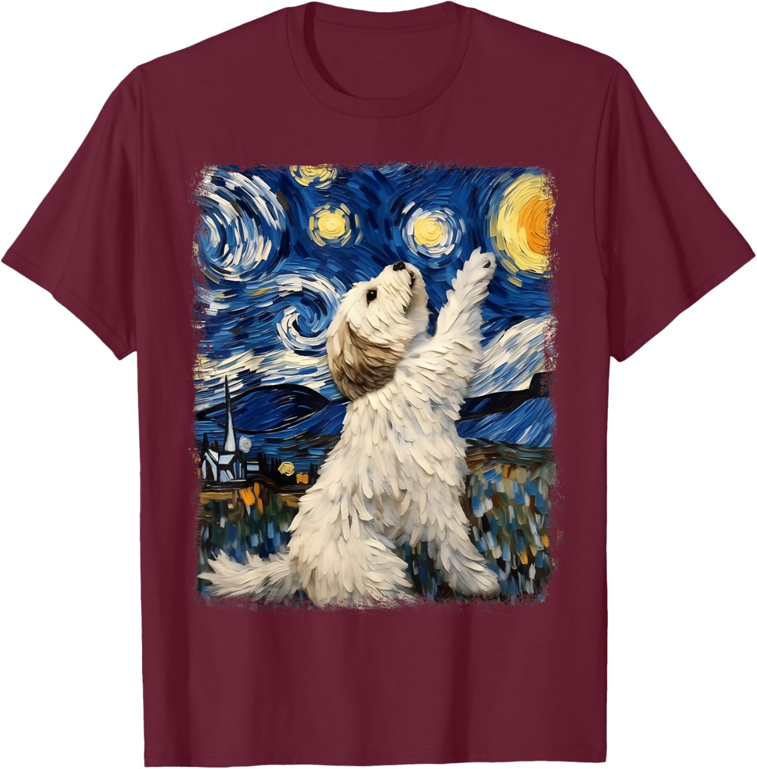 Havanese Dog Starry Night Painting T-Shirt - T-Shirt | Maroon