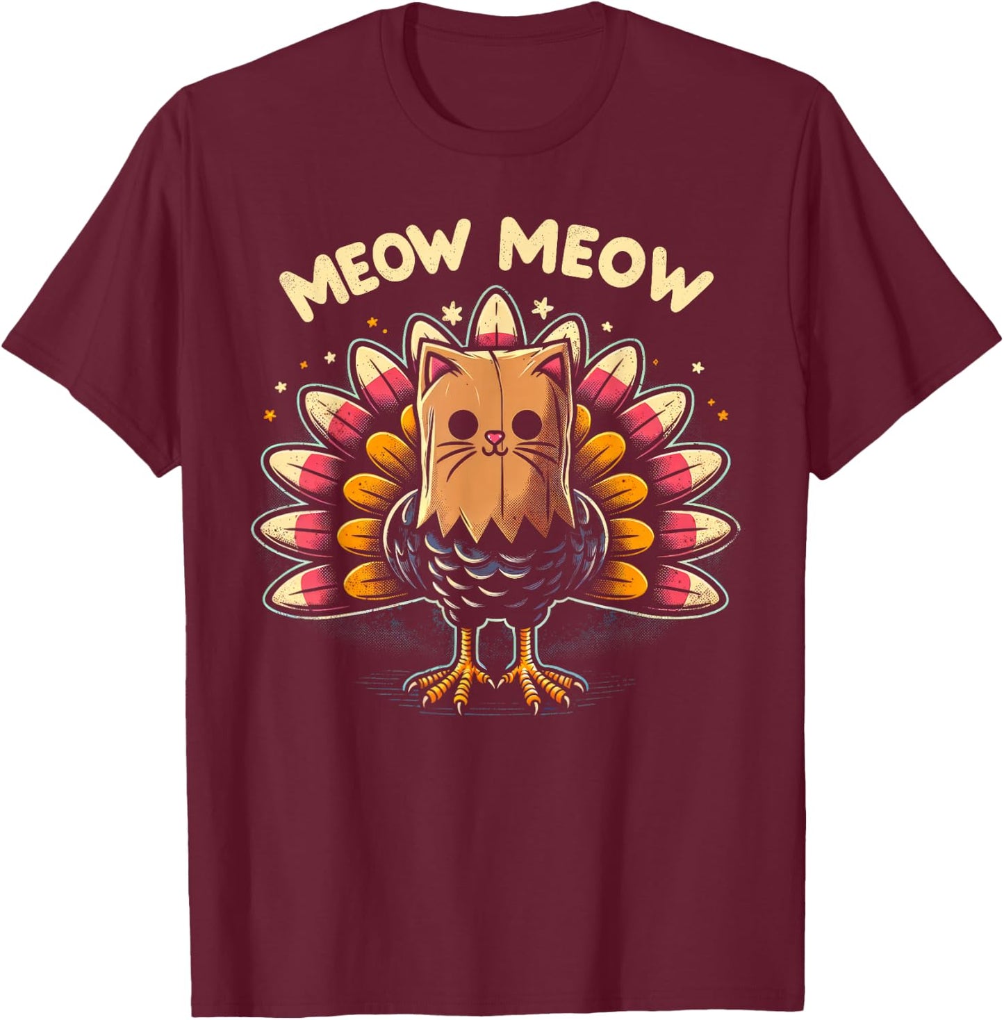 Funny Thanksgiving Shirt Women Kids Meow Cat Turkey T-Shirt - T-Shirt | Maroon