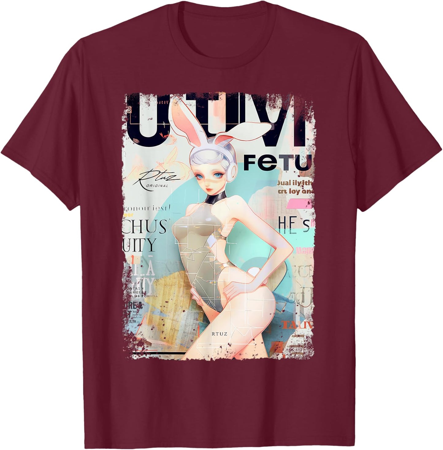 Magazin Cover Vintage Girl Bunny Collage Sexy Model Pin-up T-Shirt - T-Shirt | Maroon