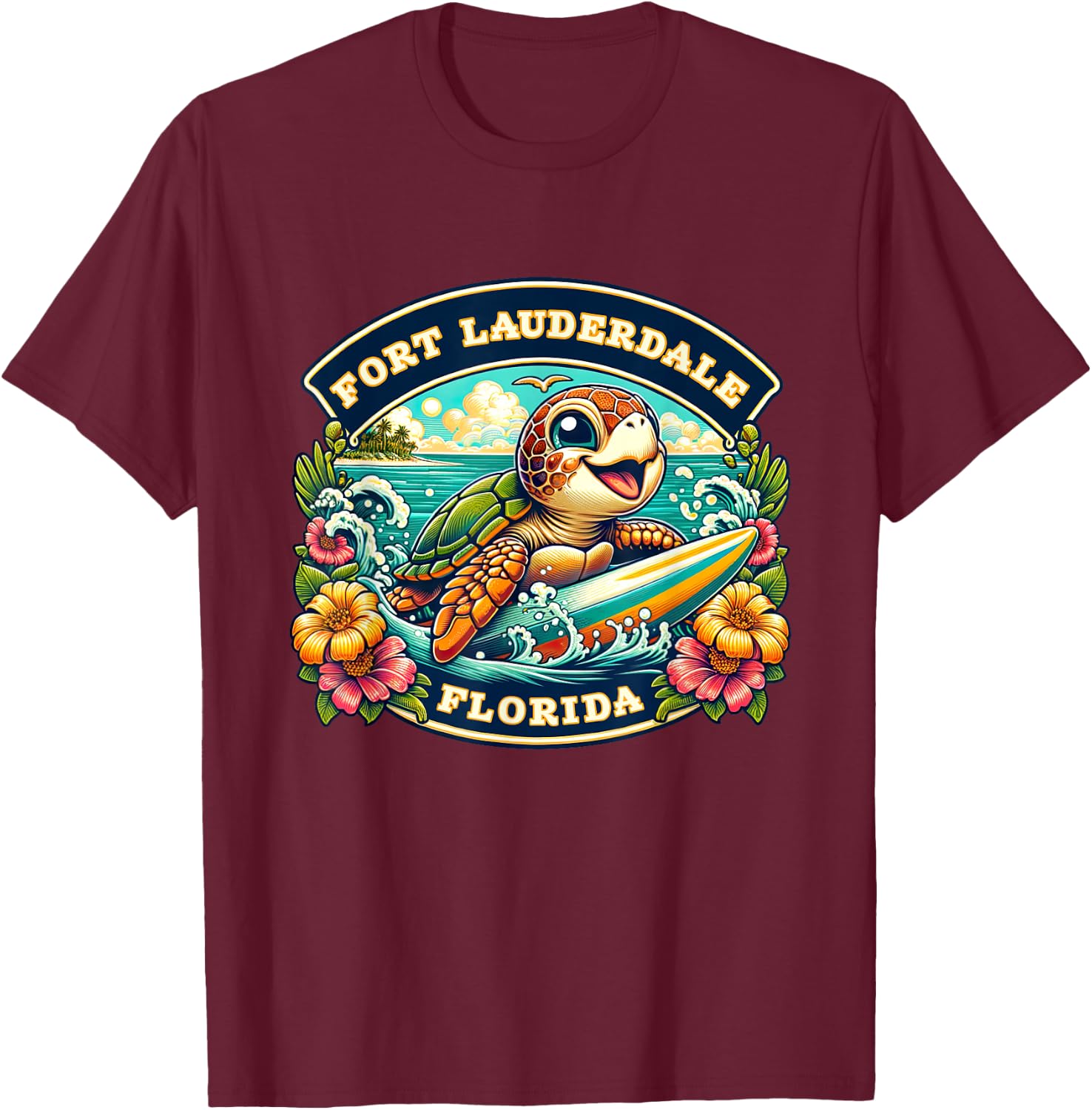 Fort Lauderdale Florida Cute Sea Turtle Surfing T-Shirt - T-Shirt | Maroon