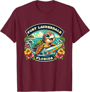 Fort Lauderdale Florida Cute Sea Turtle Surfing T-Shirt - T-Shirt | Maroon