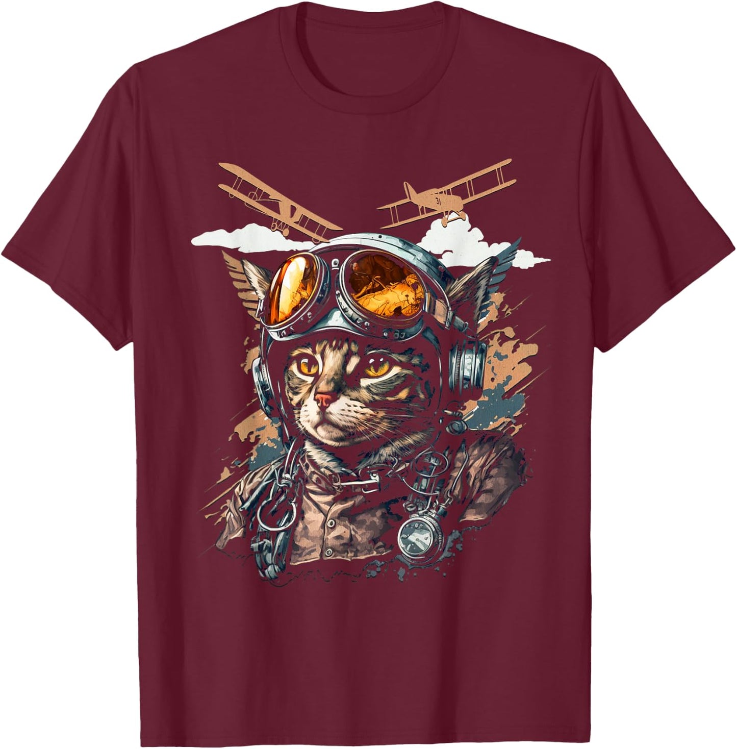 Funny Vintage Cat Airplane Pilot Women Kids T-Shirt - T-Shirt | Maroon